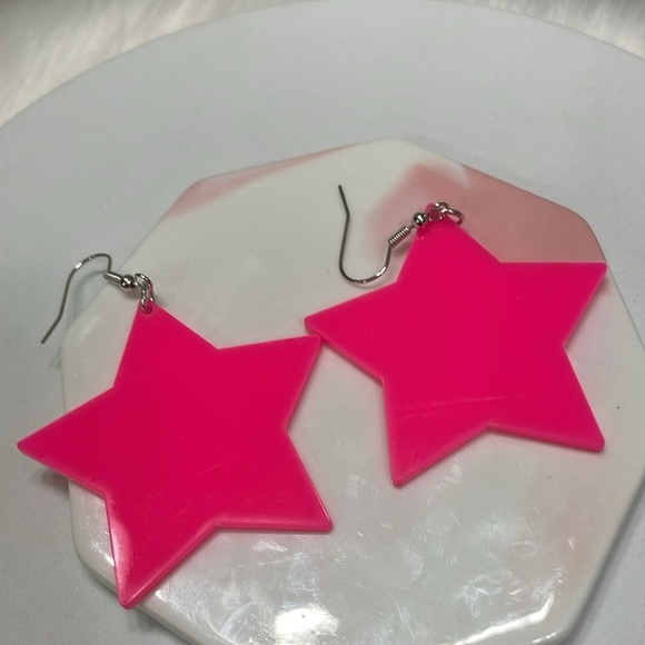 Pink Acrylic Star Silver Hook Earrings - Picture 9 of 14